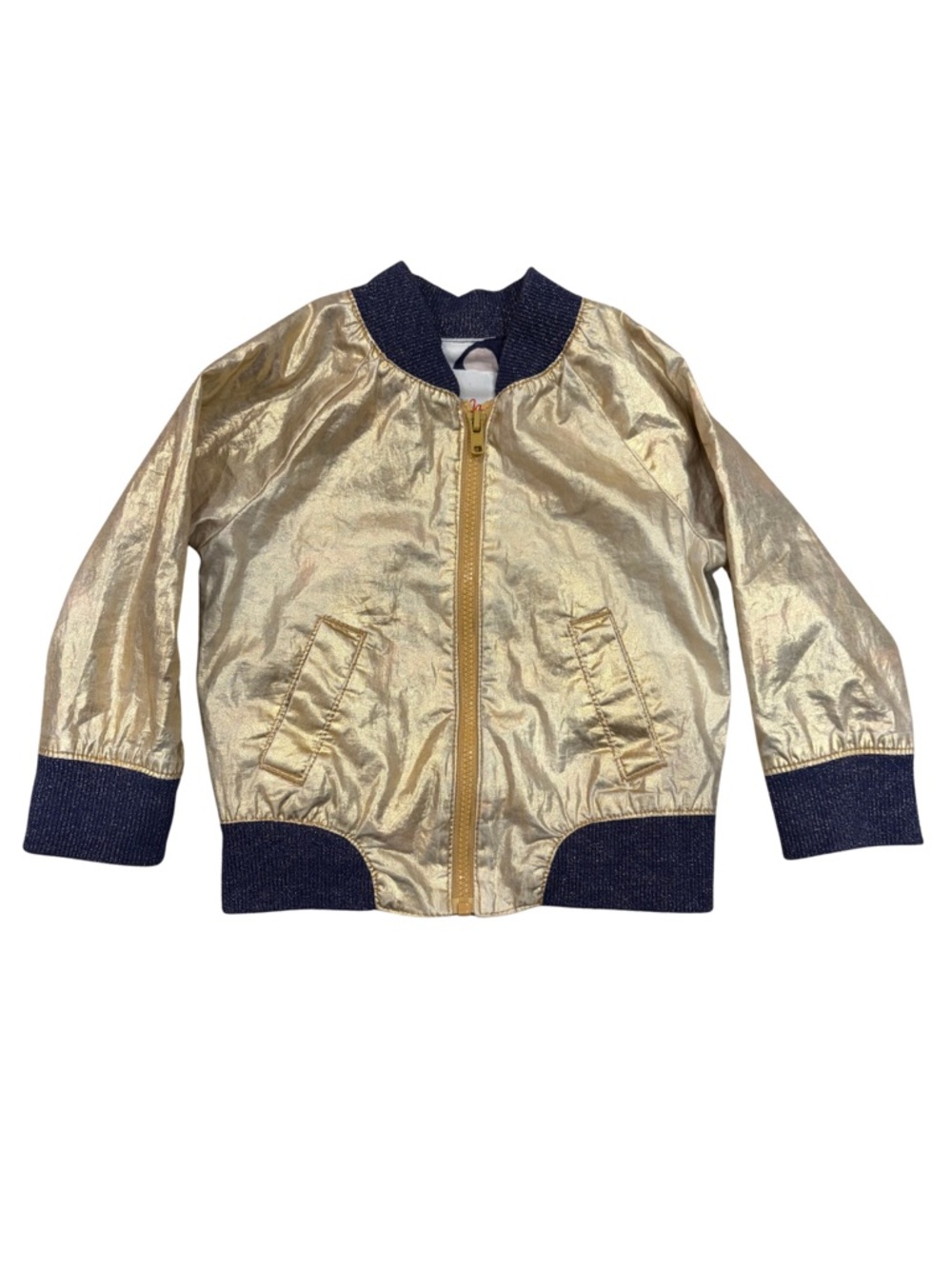 Cat & Jack Metallic Gold Bomber Jacket with Navy Trim 12 Months